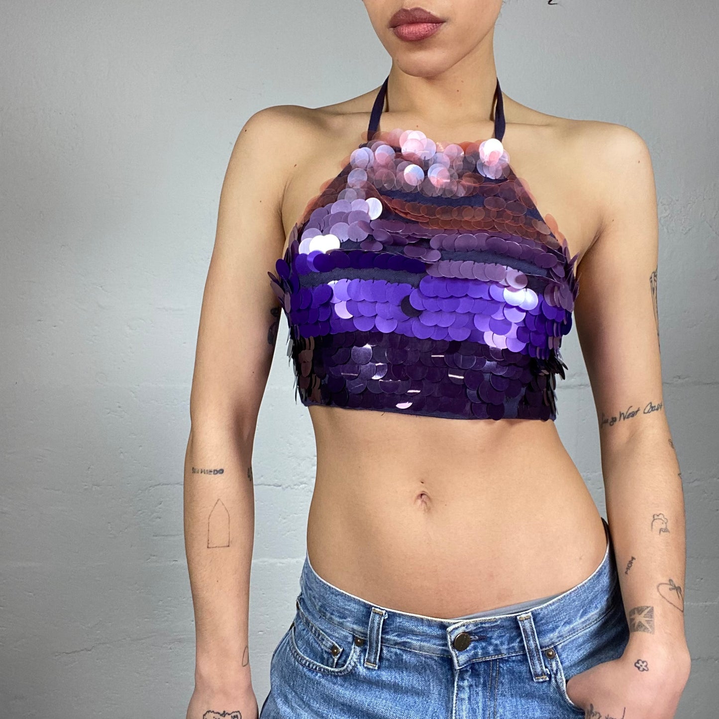 Vintage 2000's Miss Sixty Festival Purple Shades Sequins Crop Top with Open Back Detail (S)