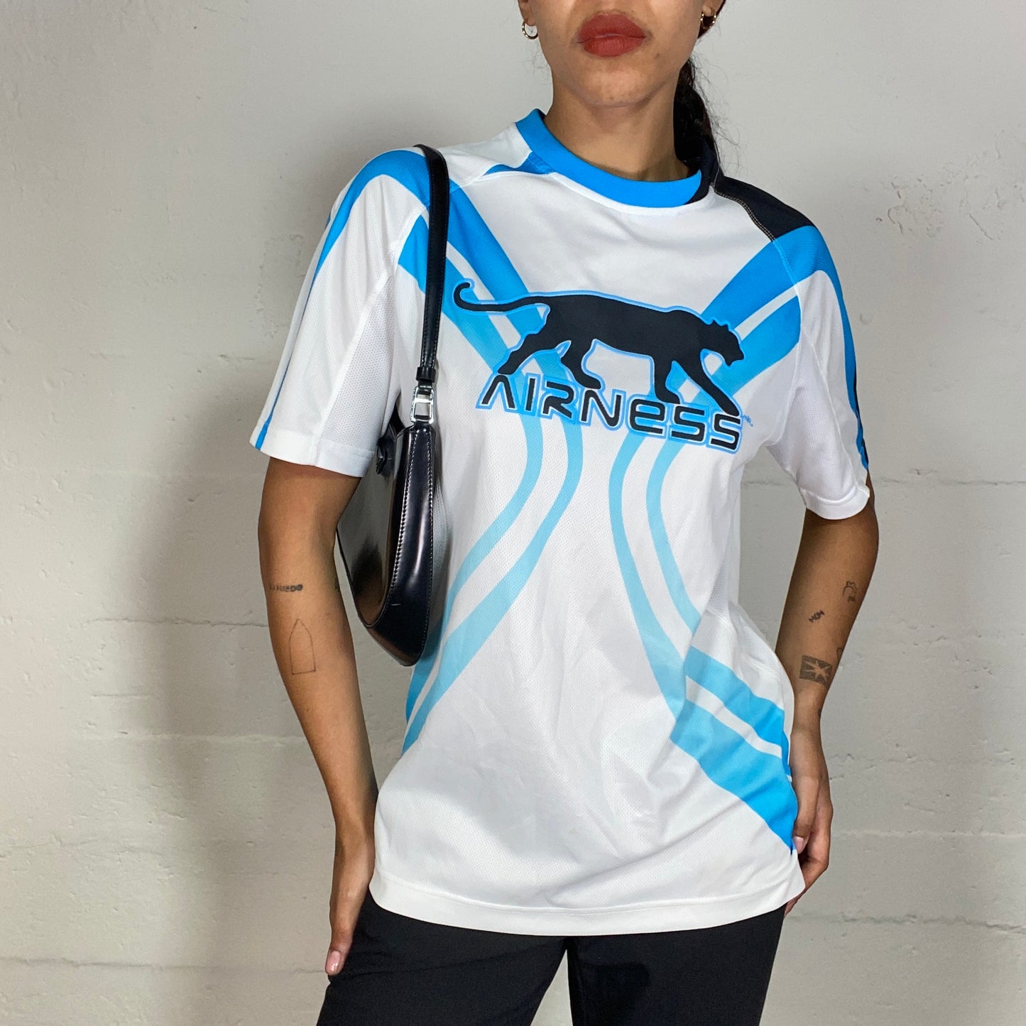 Vintage 90's Airness Sporty Girl  White Top with Blue Panther Print (M/L)