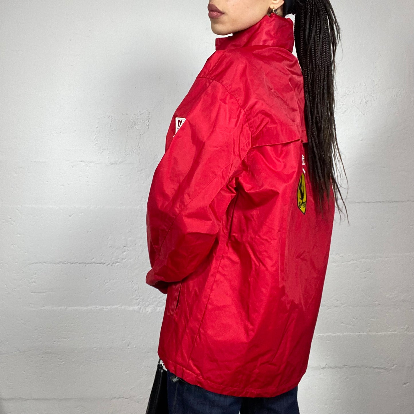 Vintage 2000's Ferrari Sporty Red Oversized Racers Jacket with White Brand Patches Detail (XL)