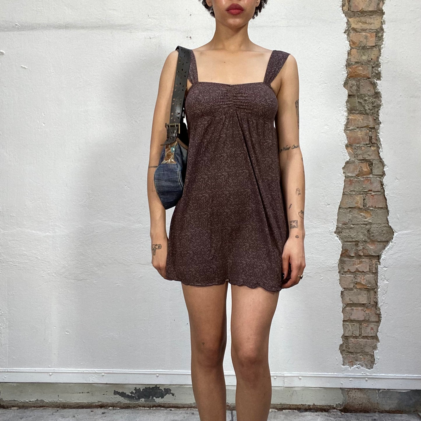 Vintage 2000's Soft Girl Mini Brown Jumper Dress with White Dots and Flowery Print (S)