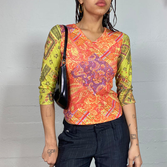 Vintage 2000's Hippie Orange and Green Longsleeve Top with Colourful Paisley Print (S/M)
