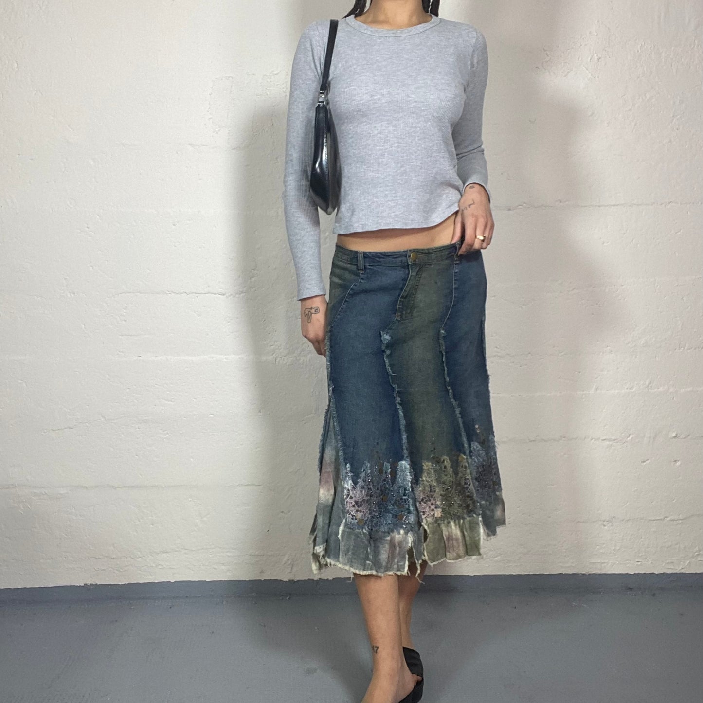 Vintage 2000's Hippie Girl Patched Denim Midi Skirt with Tie Dye Detail (M)