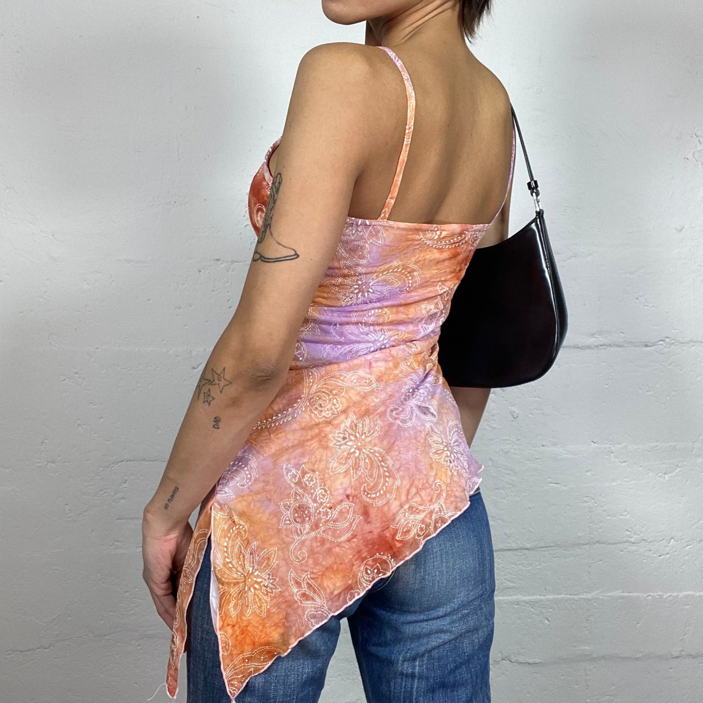 Vintage 2000's Cute Pink & Orange Tie Dye Print Blouse Top with Floral Mandala Print (M)