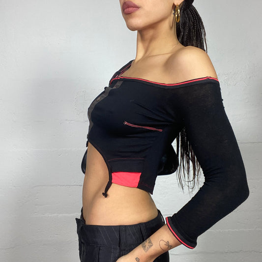 Vintage 2000's Rave Black Asymmetric Longsleeve Crop Top with Button Details (S)