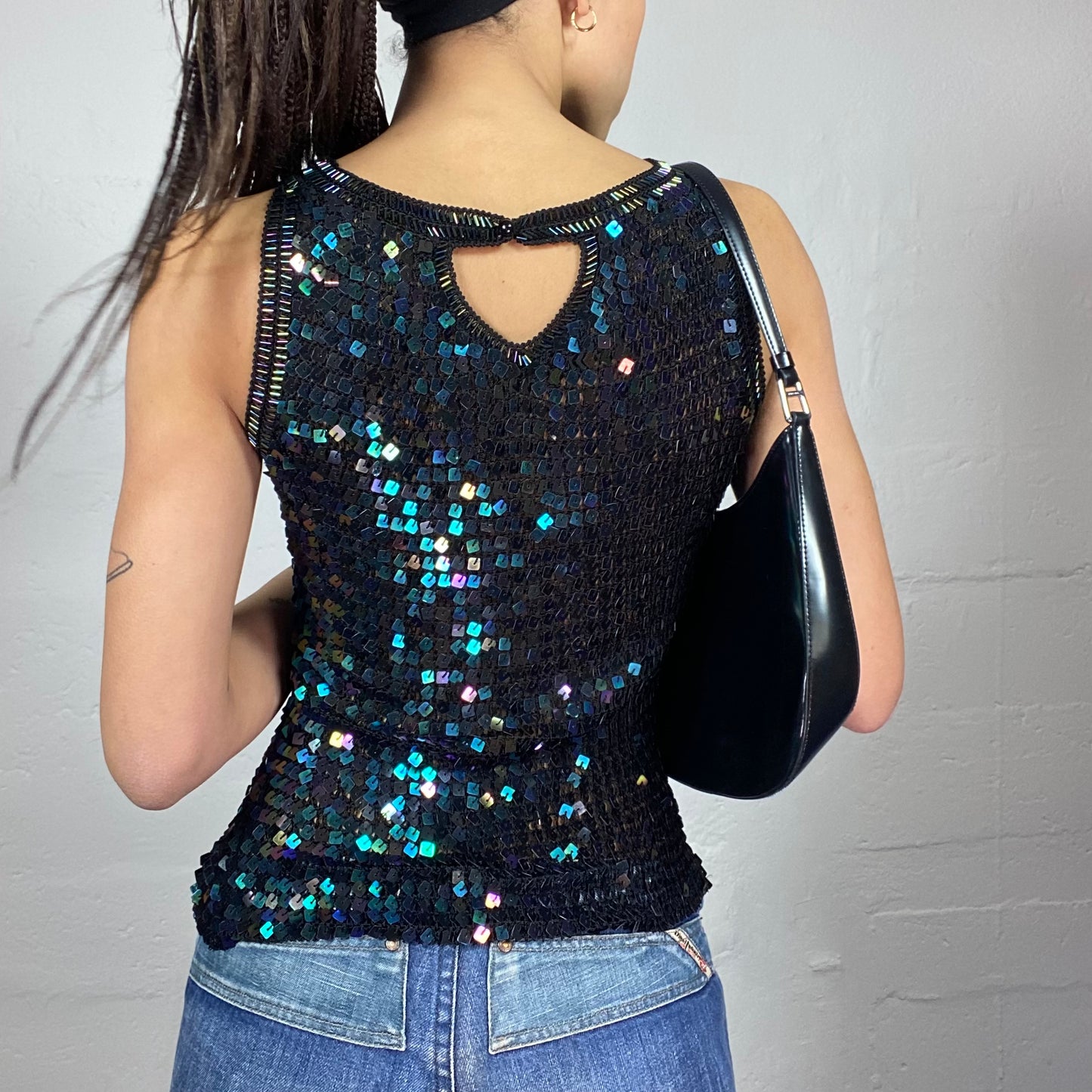 Vintage 90's Clubwear Black Top with Blue Shaded Square Shape Sequins Material Layer (S/M)