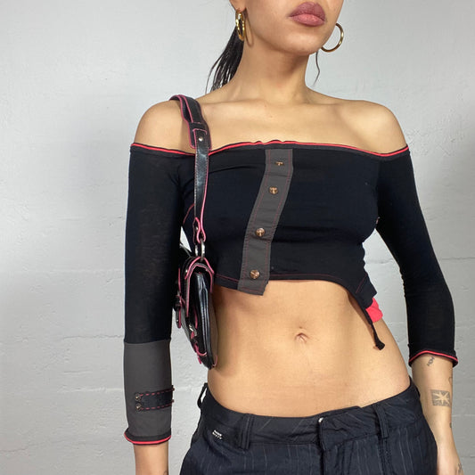 Vintage 2000's Rave Black Asymmetric Longsleeve Crop Top with Button Details (S)