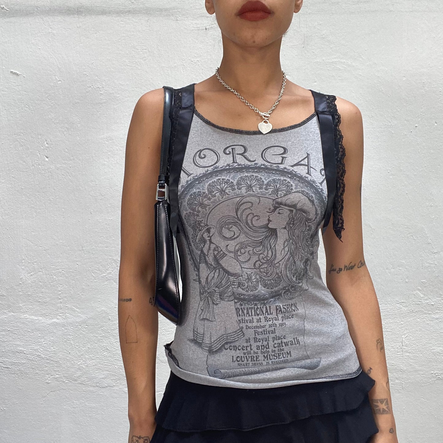 Vintage 90's Art Deco Morgan De Toi Archive Grey Tank Top with Black Lace Detials (S)