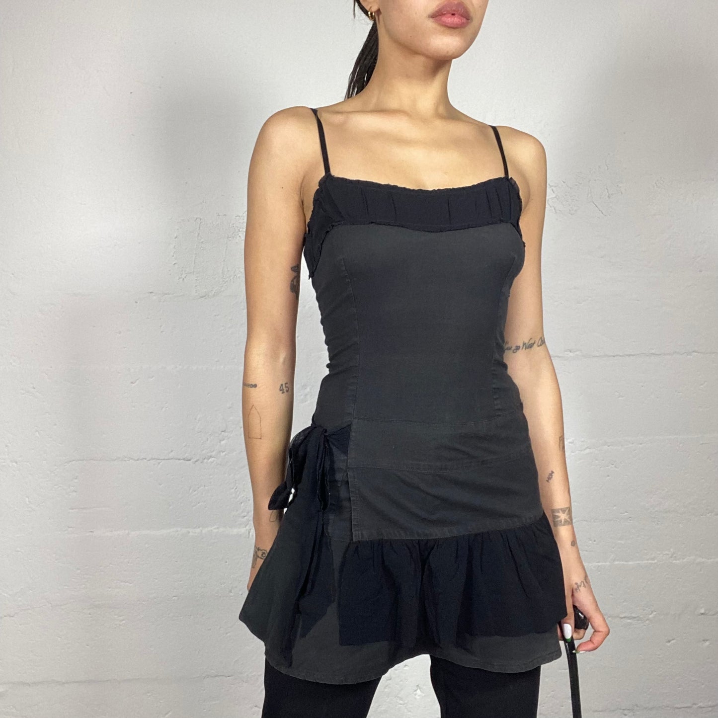 Vintage 2000's Cyber Black Mini Dress with Layered Tie Skirt Detail (S)