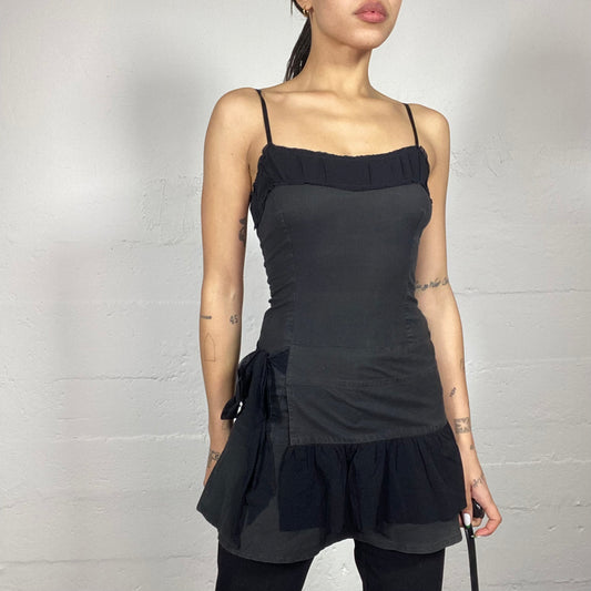 Vintage 2000's Cyber Black Mini Dress with Layered Tie Skirt Detail (S)