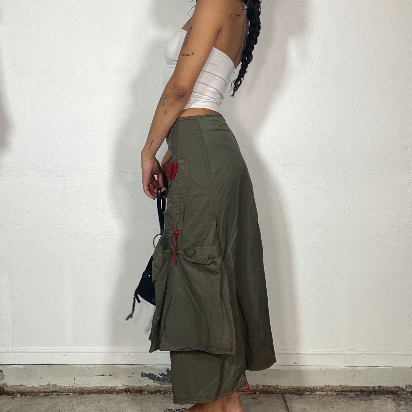 Vintage 2000's Techwear Khaki Deconstructed Maxi Cargo Layered Skirt with Red Seam Detail (S/M)