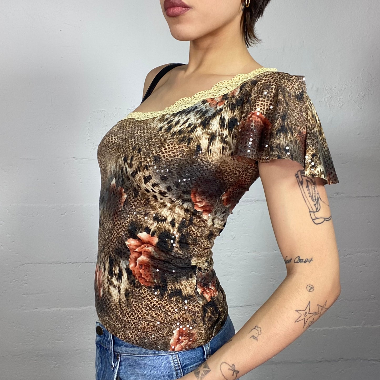 Vintage 90's Morgan Janice Brown One Shoulder Top with Cheetah & Red Roses Print (S/M)