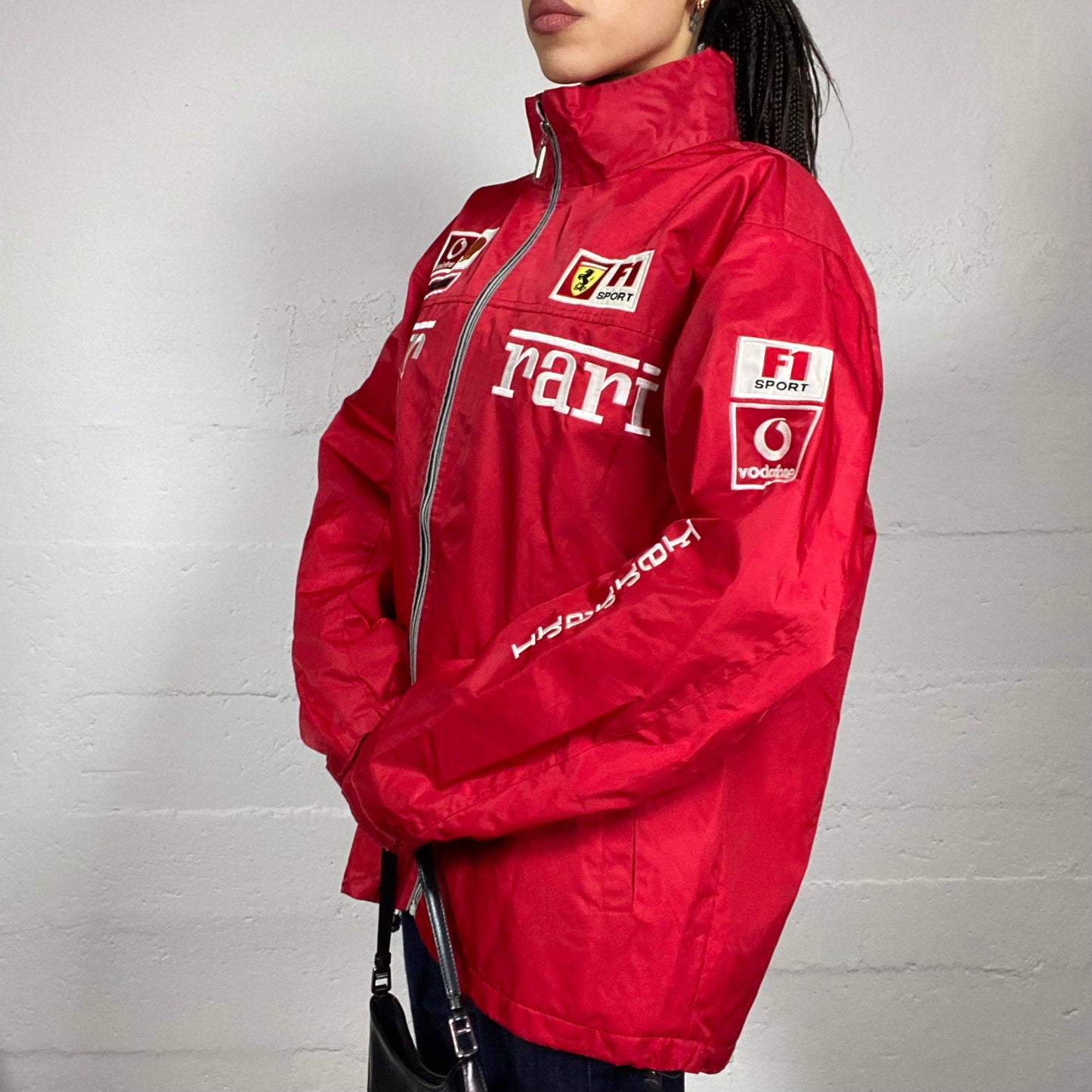 Vintage 2000's Ferrari Sporty Red Oversized Racers Jacket with White Brand Patches Detail (XL)