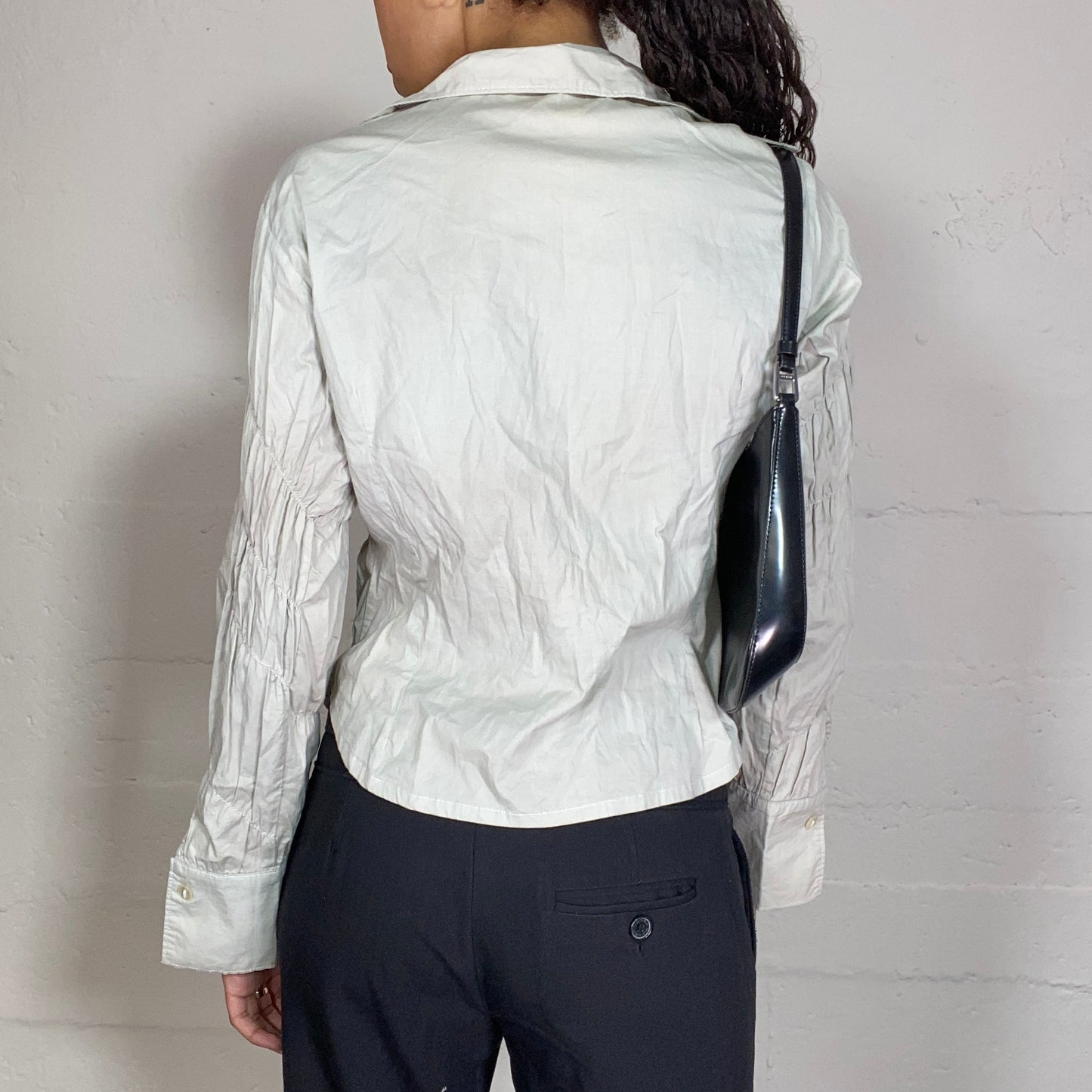 Vintage 2000's Office Grey Ruffle Button Up Blouse with Textured Material (M/L)
