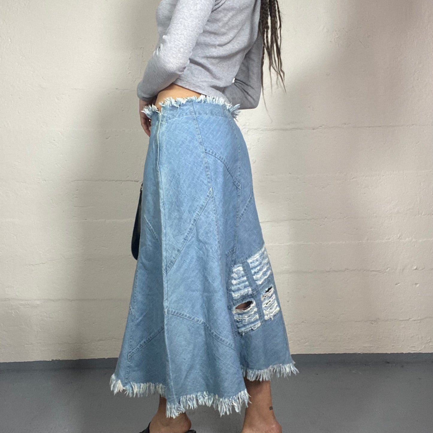 Vintage 2000's Hippie Girl Patched Double Denim Midi Skirt with Rip Detail (M)