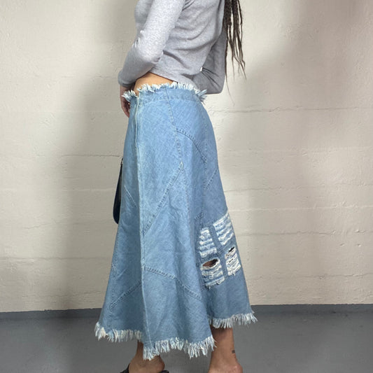 Vintage 2000's Hippie Girl Patched Double Denim Midi Skirt with Rip Detail (M)