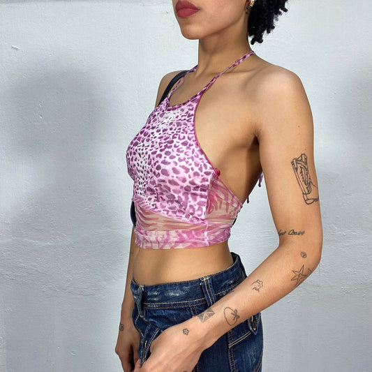 Vintage 2000's Festival Pink Leo and Zebra Print Backless Crop Top (S)