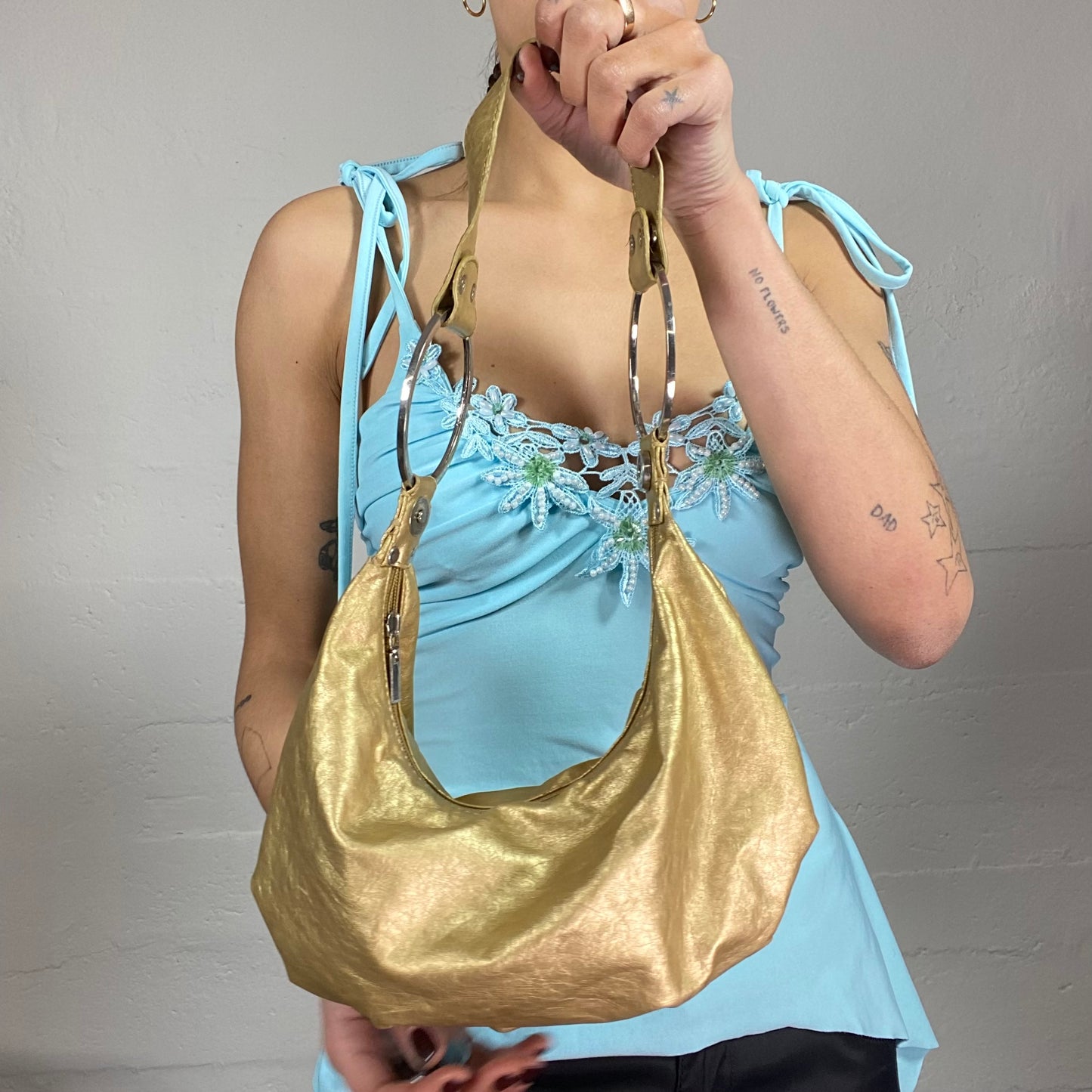 Vintage 2000's Archive Gold Shoulder Bag with Silver Rings Detail