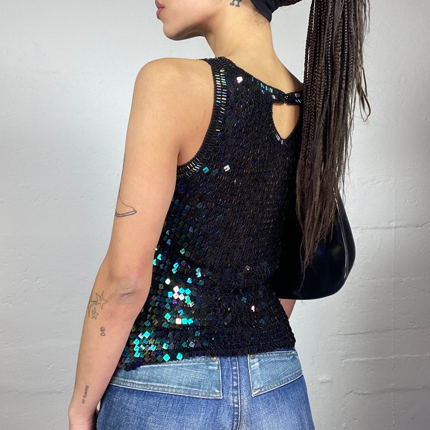 Vintage 90's Clubwear Black Top with Blue Shaded Square Shape Sequins Material Layer (S/M)