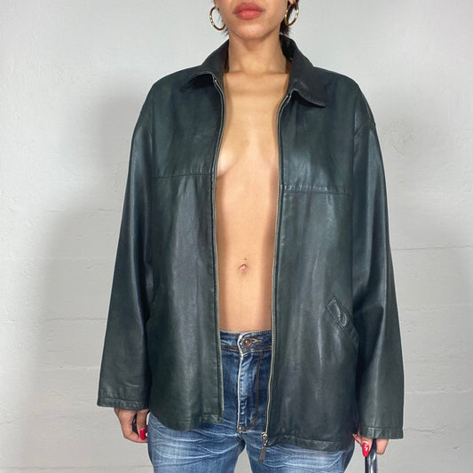 Vintage 2000's Downtown Girl Black Short Leather Biker Jacket with Oversized Fit (XL)