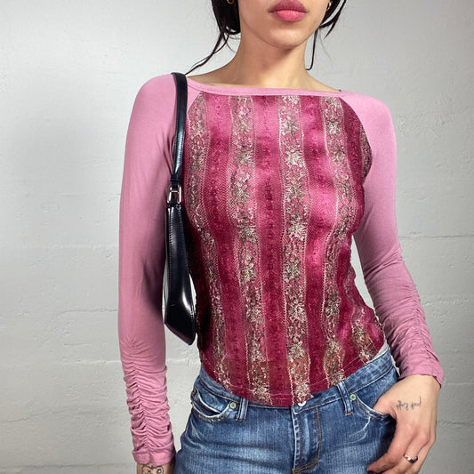 Vintage 2000's Romantic Girl Fuchsia Longsleeve Top with Lace Floral Trims Covering (S)