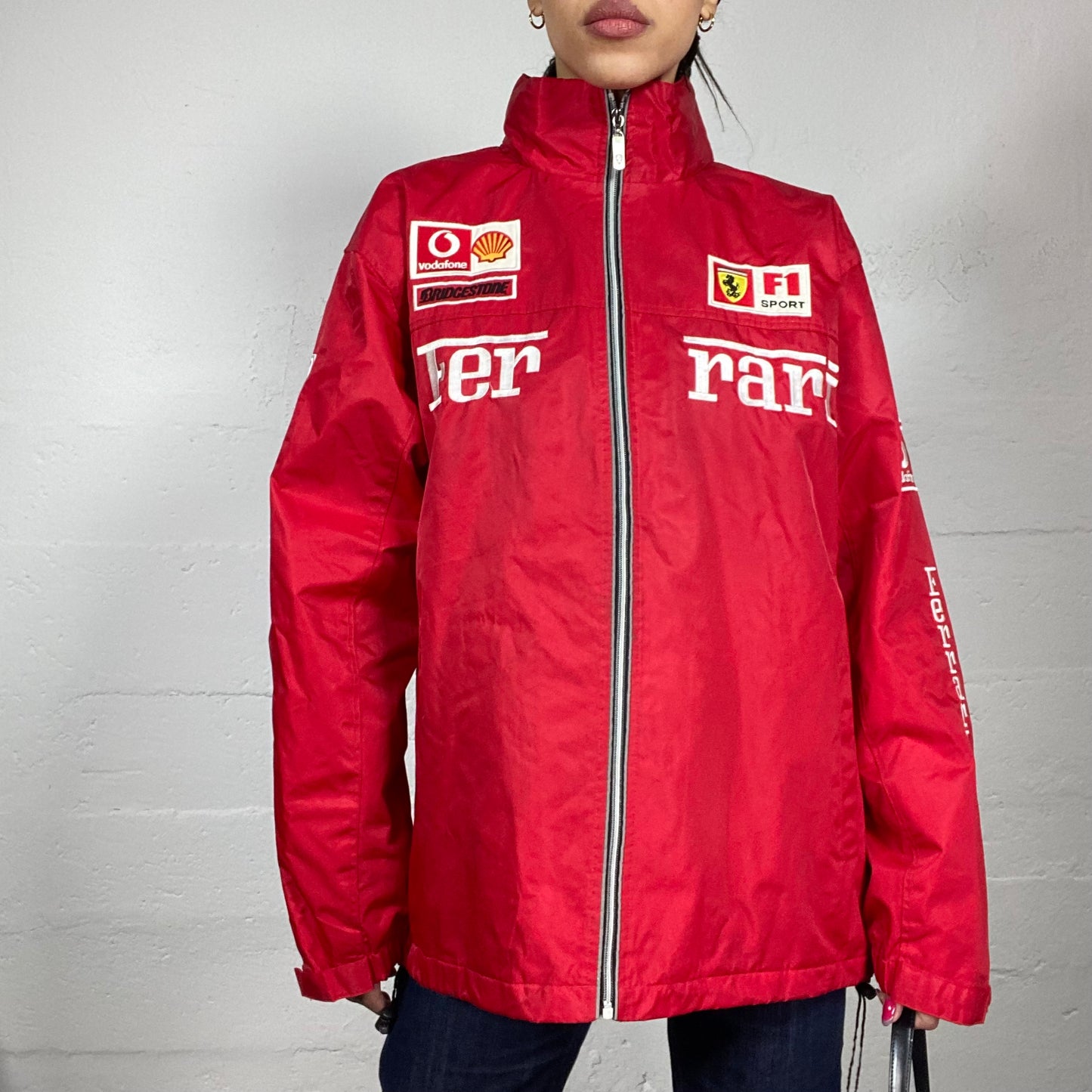 Vintage 2000's Ferrari Sporty Red Oversized Racers Jacket with White Brand Patches Detail (XL)