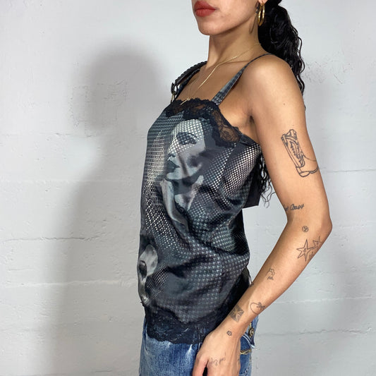 Vintage 2000's Cyber Black Top with Grey Girl Dotted Print and Lace Trim Detail (S)