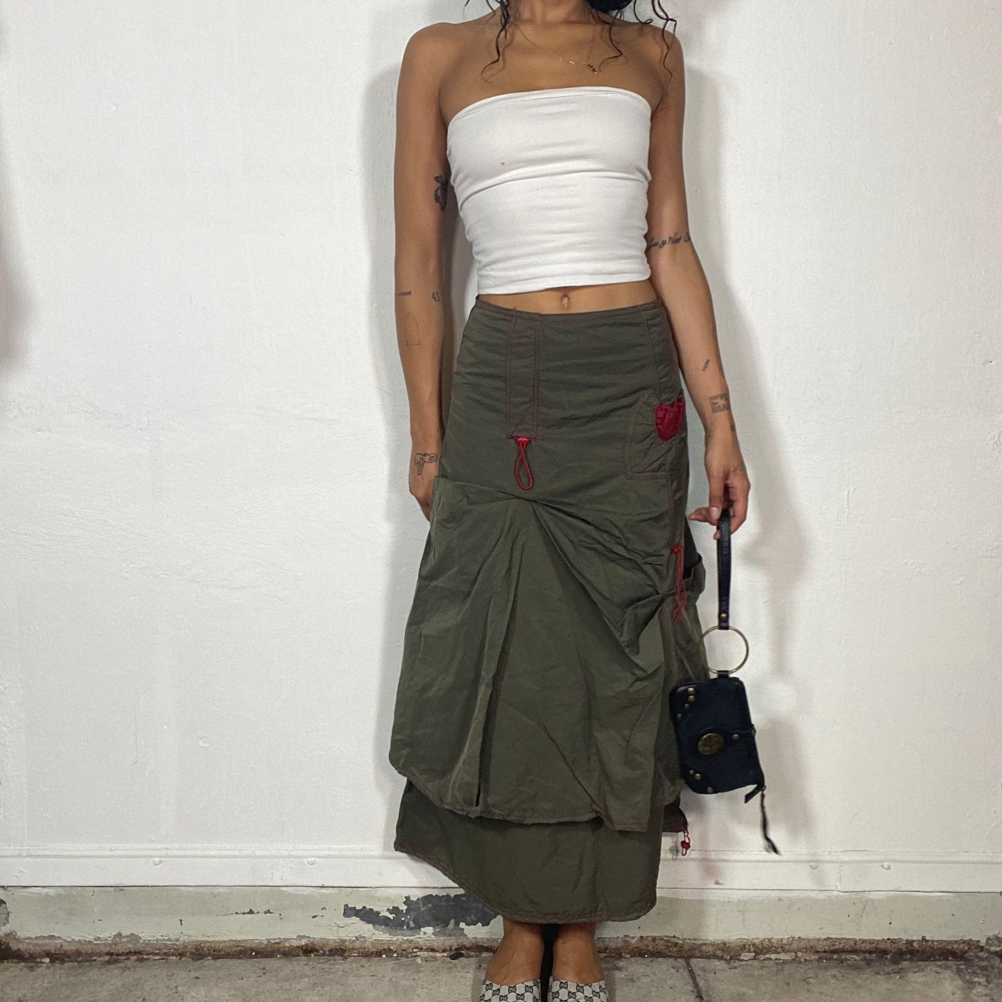 Vintage 2000's Techwear Khaki Deconstructed Maxi Cargo Layered Skirt with Red Seam Detail (S/M)