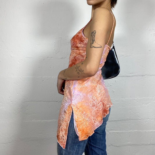Vintage 2000's Cute Pink & Orange Tie Dye Print Blouse Top with Floral Mandala Print (M)