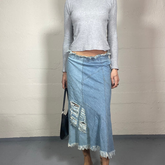 Vintage 2000's Hippie Girl Patched Double Denim Midi Skirt with Rip Detail (M)