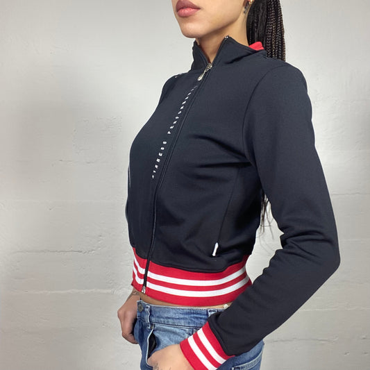 Vintage 2000's Airness College Girl Black Zip-Up Hoodie with Asymmetric Zip and Red and White Bottom TrimsDetail (S/M)