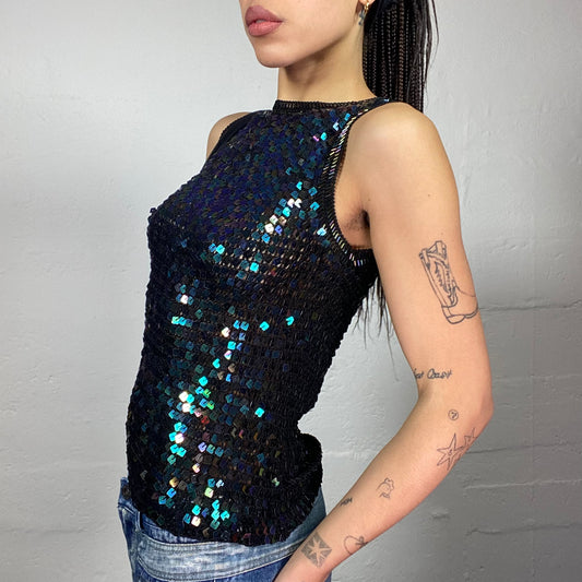 Vintage 90's Clubwear Black Top with Blue Shaded Square Shape Sequins Material Layer (S/M)