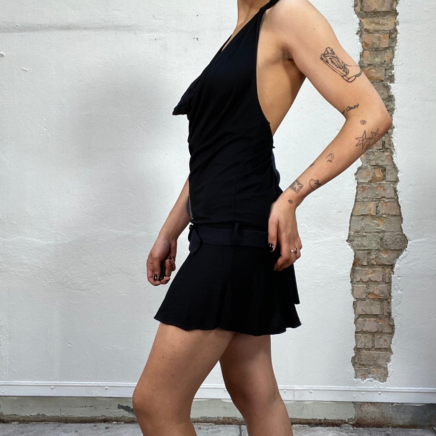 Vintage 2000's Clubwear Mini Black Open Back Dress with Belt Detail (S)