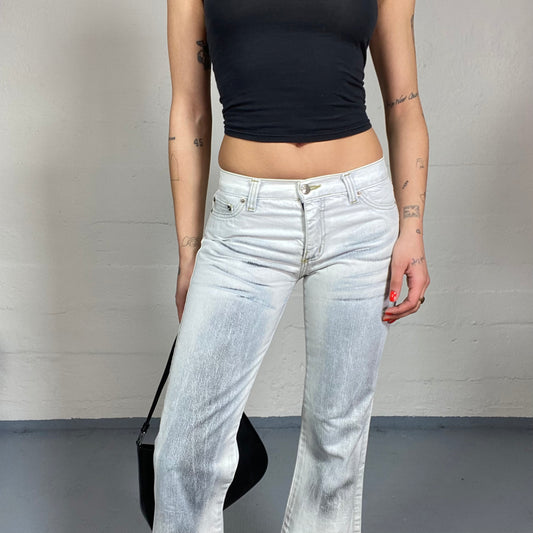 Vintage 2000's Downtown Girl White Low Waist Pants with Denim Washed Out Detail (S)