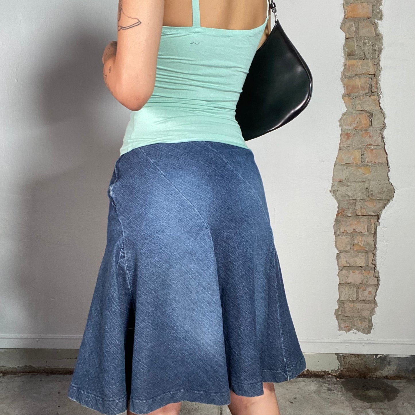 Vintage 90's Model Off Duty Flared Denim Midi Skirt (S)