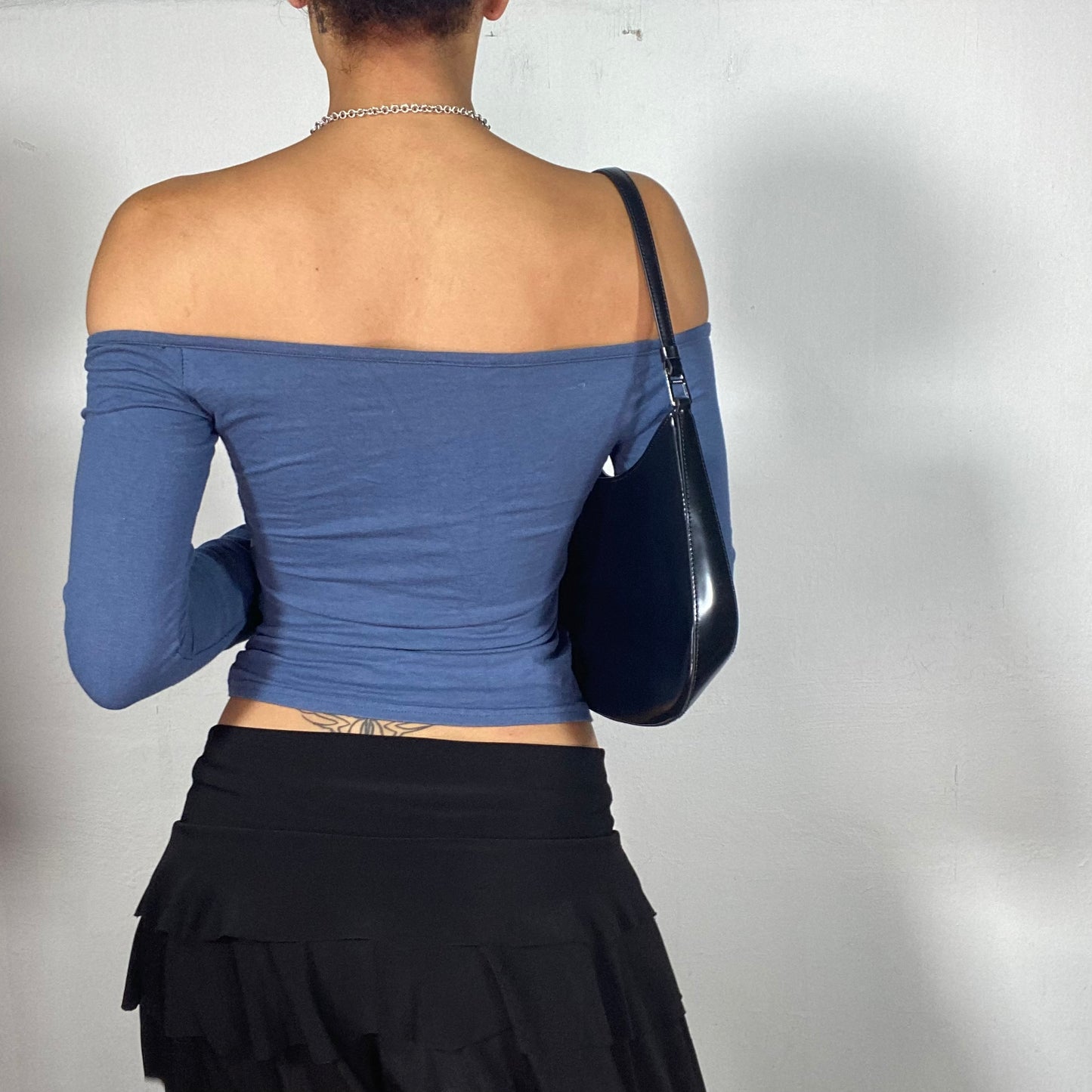 Vintage 90's Streetstyle Blue Off Shoulder Top with College Print (S)