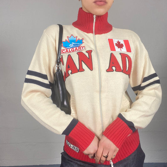 Vintage 2000's Sporty Beige Zip Up Knitted Sweater with "Canada" Print and Patches Detail (L)
