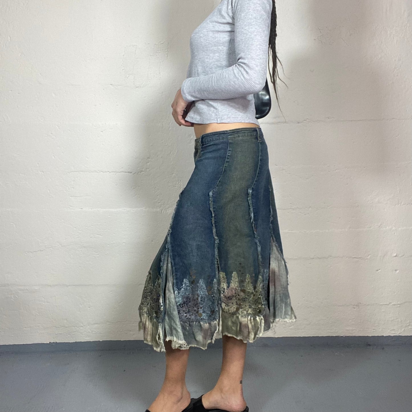 Vintage 2000's Hippie Girl Patched Denim Midi Skirt with Tie Dye Detail (M)