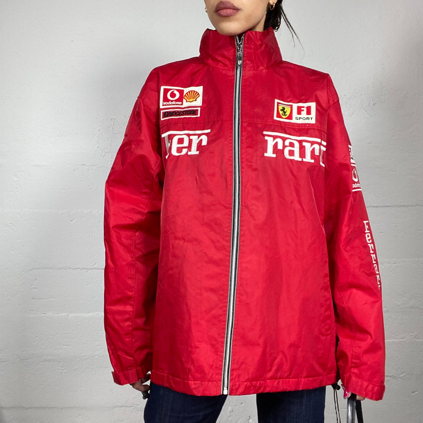 Vintage 2000's Ferrari Sporty Red Oversized Racers Jacket with White Brand Patches Detail (XL)