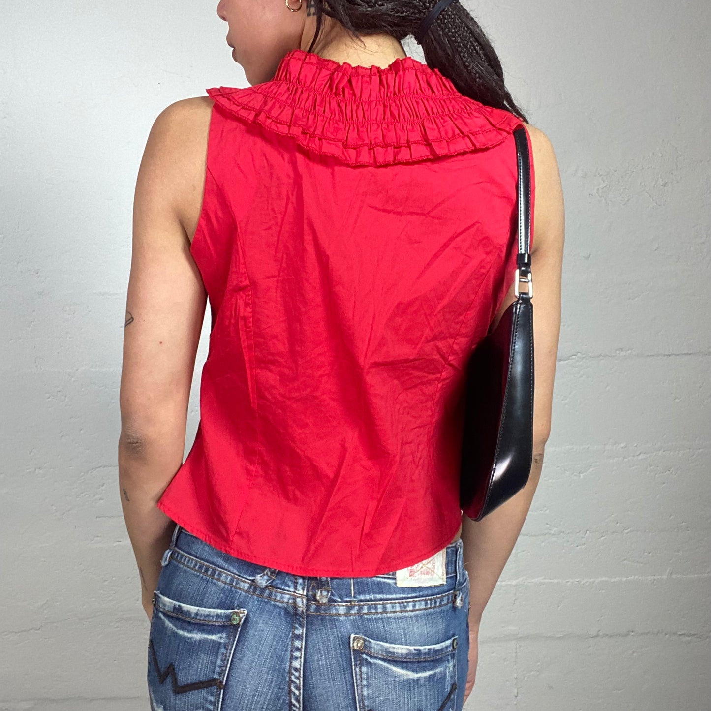 Vintage 90's Rachel Green Red Frilled Neckline Vest (M)