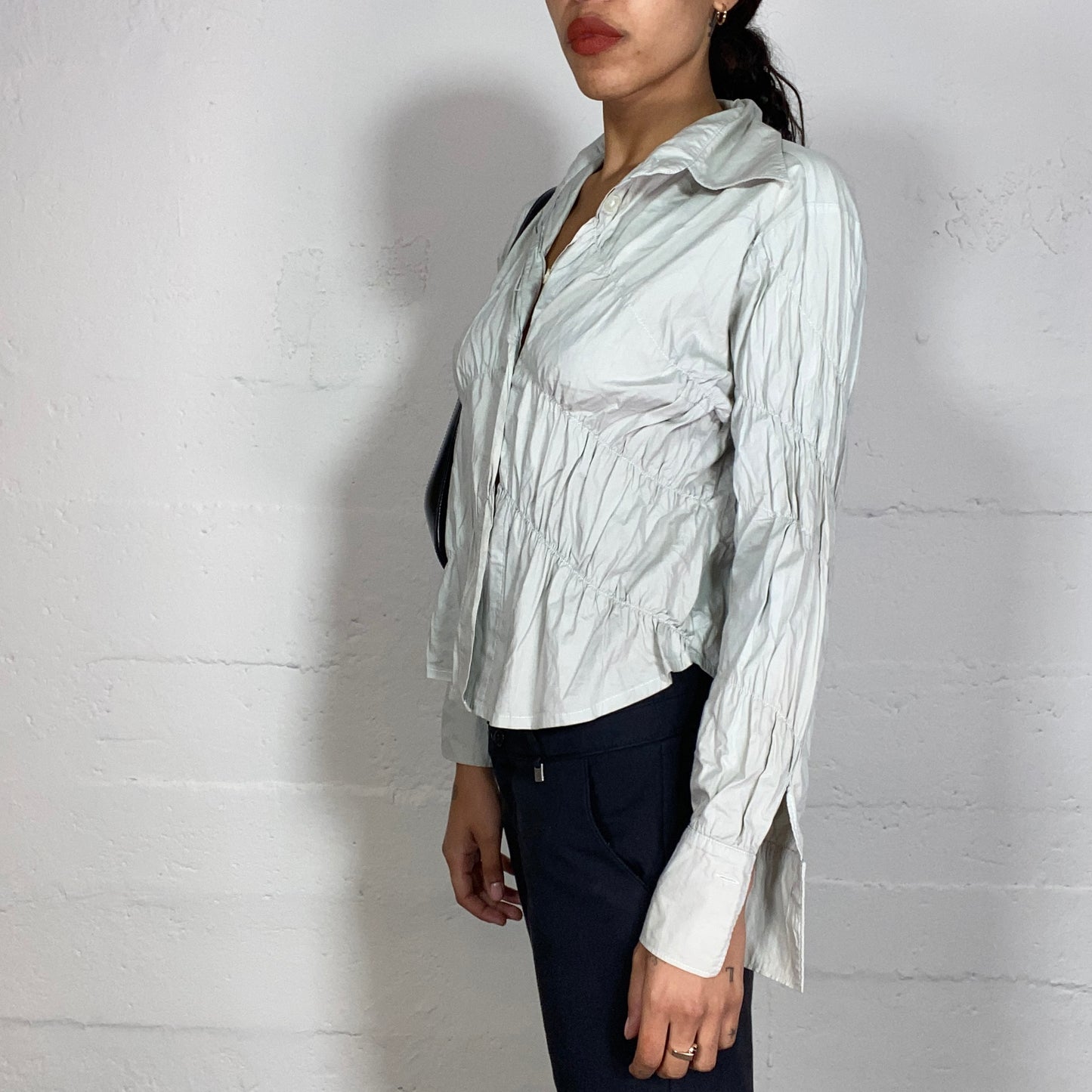 Vintage 2000's Office Grey Ruffle Button Up Blouse with Textured Material (M/L)