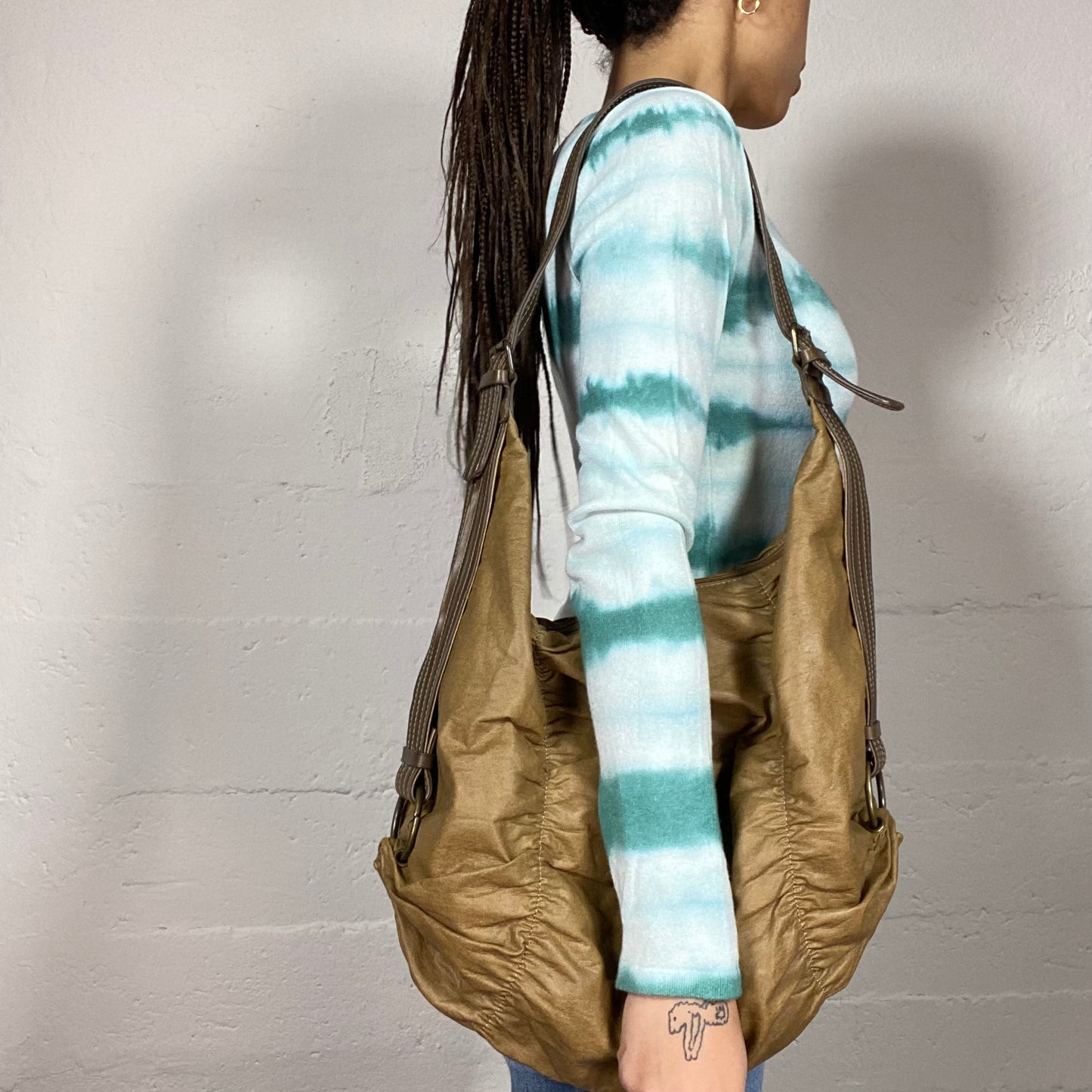 Vintage 2000's Grunge Brown Maxi Slouchy Shoulder Bag with Ruched Detail