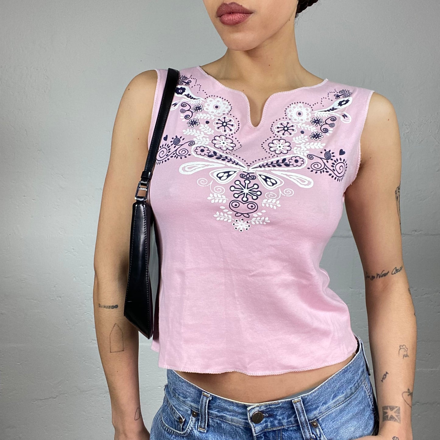 Vintage 90's Downtown Girl Pink Top with Mandala Floral Neckline Print Detail (S)