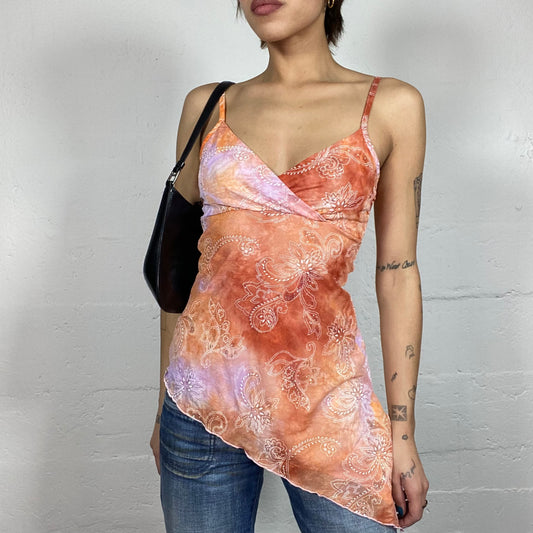 Vintage 2000's Cute Pink & Orange Tie Dye Print Blouse Top with Floral Mandala Print (M)