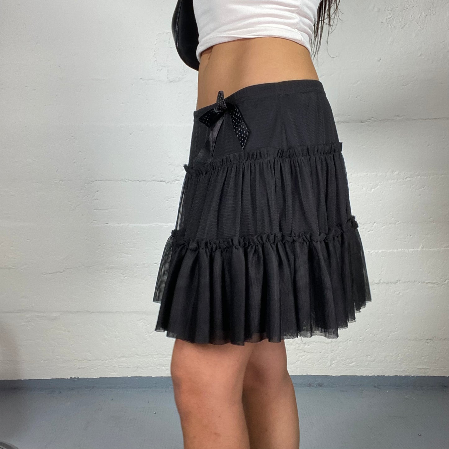 Vintage 2000's Sleaze Black Volant Mini Skirt with Side Ribbon Detaail (S/M)