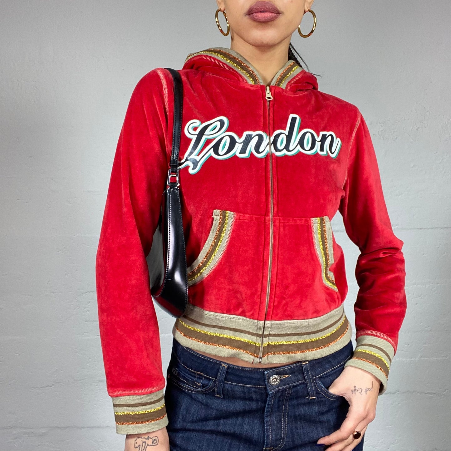 Vintage 2000's Pepe Jeans Downtown Girl Red Zip-Up Velvet Hoodie with Glitter Trims and "London" Print (S)
