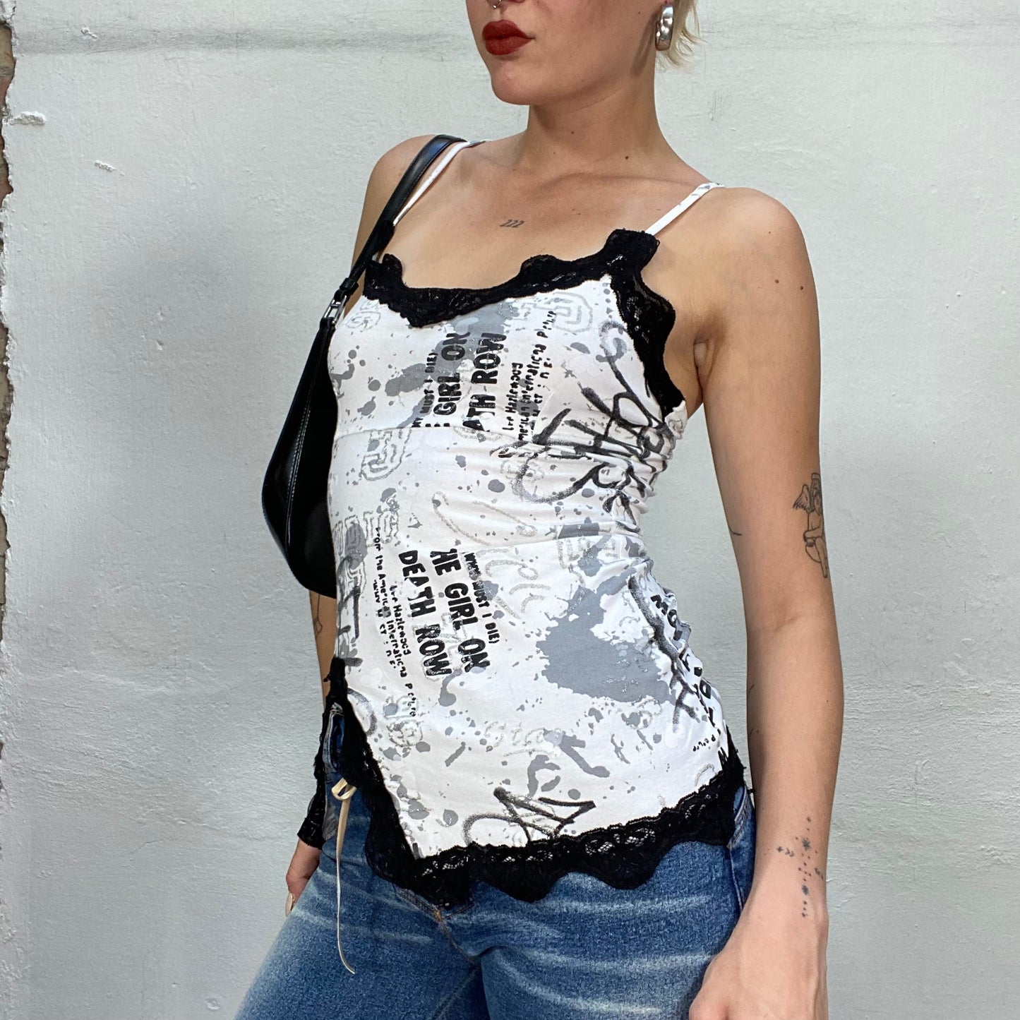 Vintage 90's Sleaze White Top With Black Typography Print and Lace Trim Detail (S)