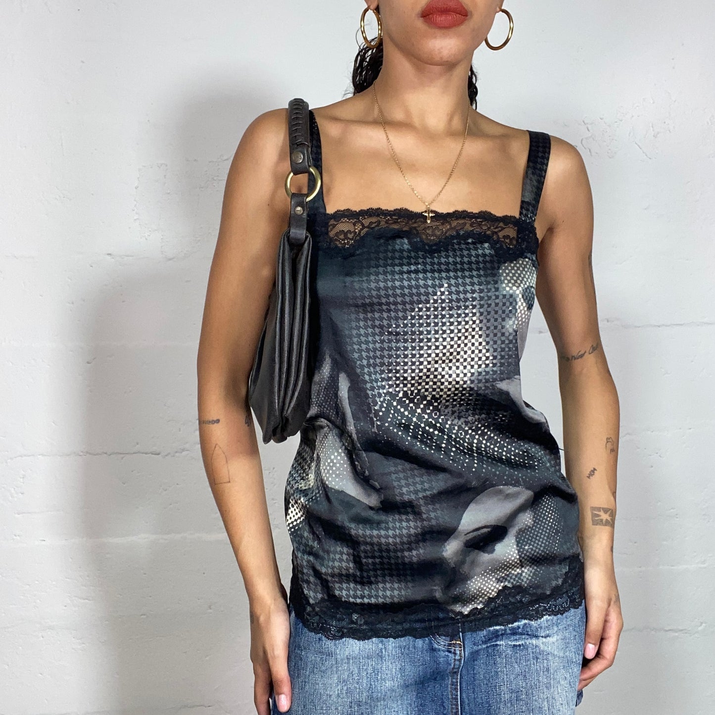 Vintage 2000's Cyber Black Top with Grey Girl Dotted Print and Lace Trim Detail (S)