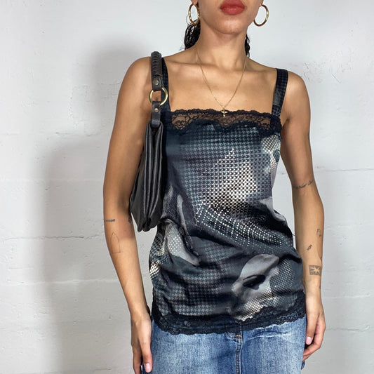 Vintage 2000's Cyber Black Top with Grey Girl Dotted Print and Lace Trim Detail (S)