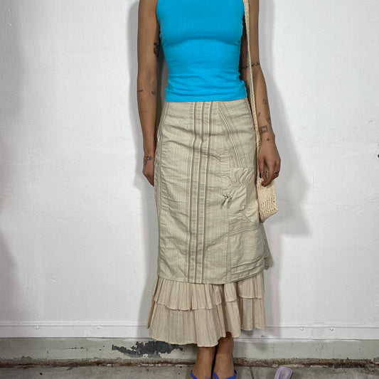 Vintage 90's Fairy Beige Layered Maxi Skirt with Striped Details (S/M)