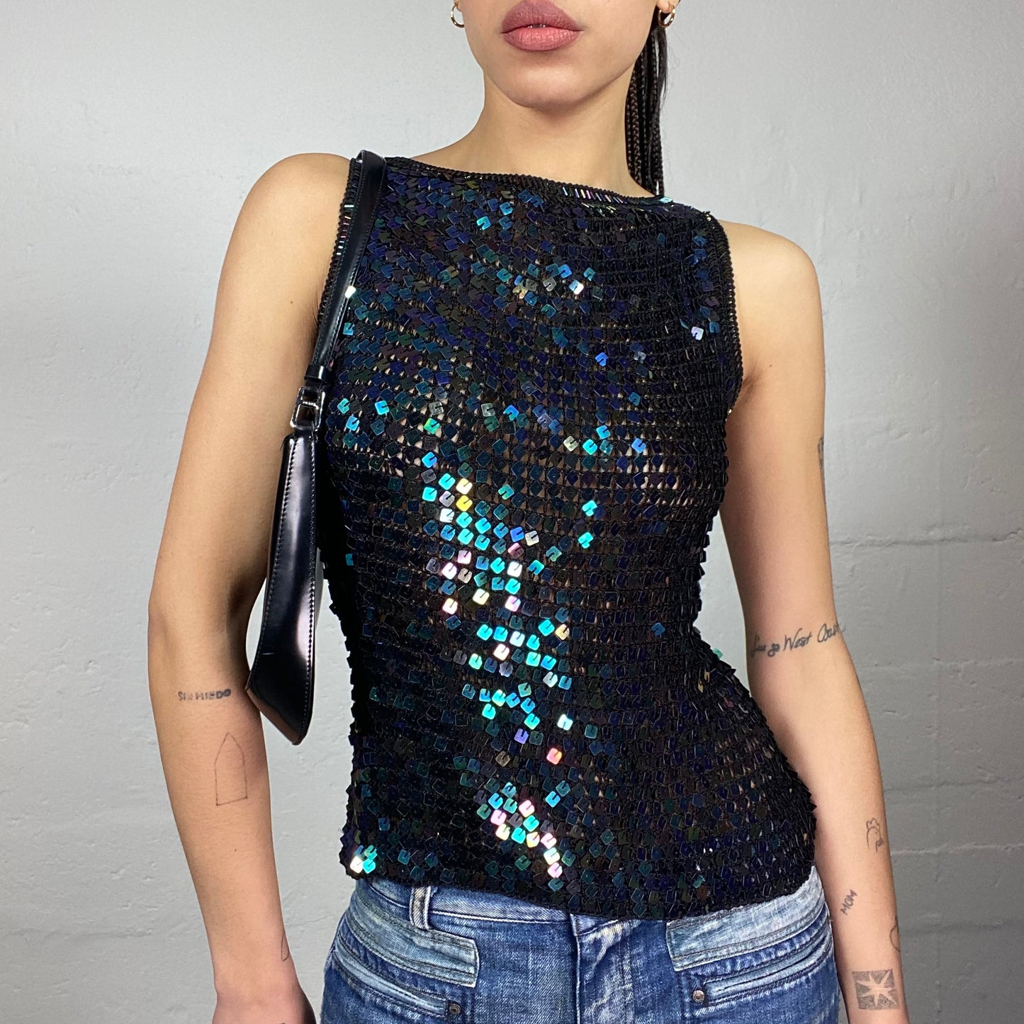 Vintage 90's Clubwear Black Top with Blue Shaded Square Shape Sequins Material Layer (S/M)